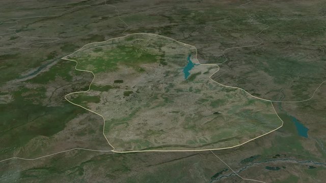 Gombe, state with its capital, zoomed and extruded on the satellite map of Nigeria in the conformal Stereographic projection. Animation 3D
