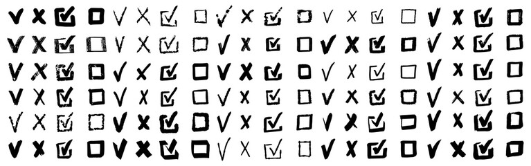 Doodle check marks. Hand drawn checkbox, examination mark and checklist marks. Check signs sketch, voting agree checklist mark or examination task list. sign Isolated vector illustration symbols set