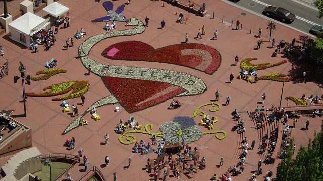 Portland Oregon Festival of Flowers Tattoo Heart Aerial View Pioneer Courthouse Square Downtown People Artists