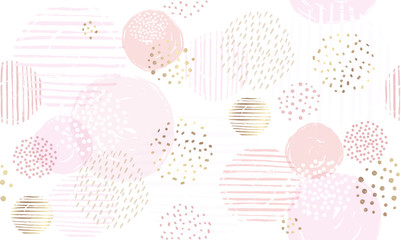 Abstract geometric seamless pattern with circles and gold glitter elements. Vector