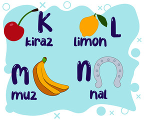 Resimli Türkçe Alfabe: Means Turkish Alphabet with pictures. Designed for students or teachers to show characters with a colorful and funny way.