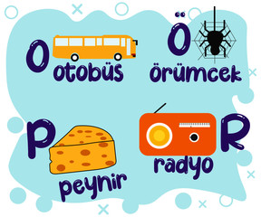 Resimli Türkçe Alfabe: Means Turkish Alphabet with pictures. Designed for students or teachers to show characters with a colorful and funny way.