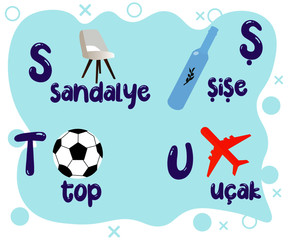 Resimli Türkçe Alfabe: Means Turkish Alphabet with pictures. Designed for students or teachers to show characters with a colorful and funny way.