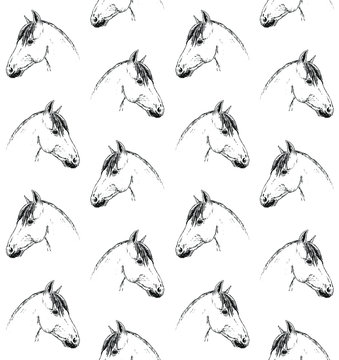 Vector seamless pattern of hand drawn doodle sketch horse head isolated on white background