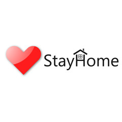 Stay at home slogan with house and heart inside. Protection campaign or measure from coronavirus, COVID--19. Stay home quote text, hashtag. Coronavirus, COVID 19 protection logo. Vector illustration.