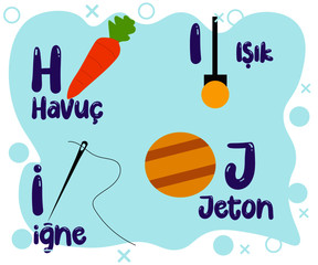 Resimli Türkçe Alfabe: Means Turkish Alphabet with pictures. Designed for students or teachers to show characters with a colorful and funny way.