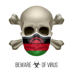Human Skull with Crossbones and Surgical Mask in the Color of National Flag Malawi. Mask in Form of the Malawian Flag and Skull as Concept of Dire Warning that the Viral Disease Can be Fatal
