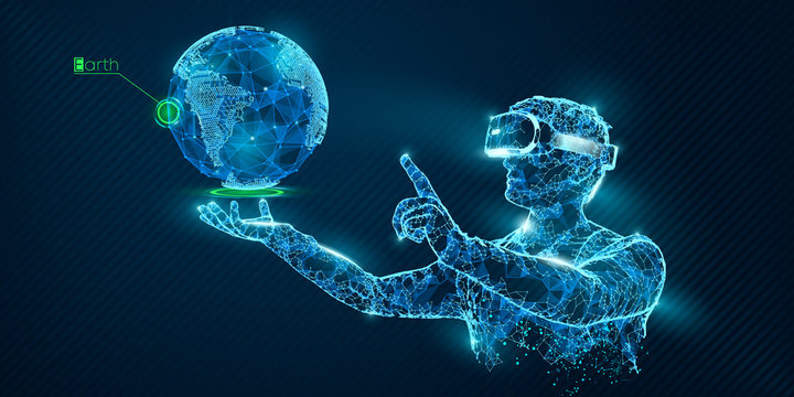 VR headset holographic wireframe vector banner. Polygonal man wearing virtual reality glasses, with planet. Science, diagnostics, virtual analytics, analysis. VR games playing. Thank you for watching