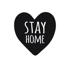 Vector black hand drawn stay home lettering in heart isolated on white background. Coronavirus pandemic self isolation print illustration