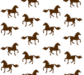 Vector seamless pattern of sketch brown horse silhouette isolated on white background