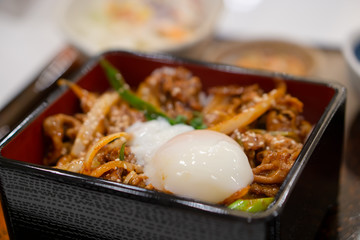 Japanese food style Spicy Butajyu it is a Spicy Sauce with Pork and boiled egg.