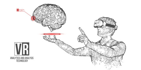 VR wireframe headset vector banner. Polygonal man wearing virtual reality glasses, with holographic of brain. Science, diagnostics, virtual analytics, analysis. VR games. Thank you for watching