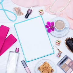 Thought woman, mother or girl concept.  Coffee, paper blank, lip gloss, jewelry, fitness bands, cake. Flat lay, copy space.