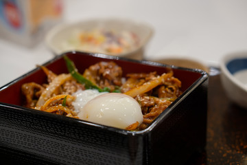 Japanese food style Spicy Butajyu it is a Spicy Sauce with Pork and boiled egg.