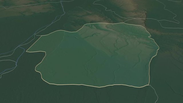 Imo, state with its capital, zoomed and extruded on the relief map of Nigeria in the conformal Stereographic projection. Animation 3D