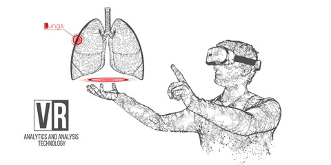 VR wireframe headset vector banner. Polygonal man wearing virtual reality glasses, with holographic of lungs. Science, diagnostics, virtual analytics, analysis. VR games. Thank you for watching