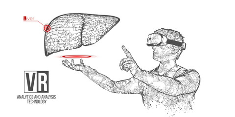 VR wireframe headset vector banner. Polygonal man wearing virtual reality glasses, with holographic of liver. Science, diagnostics, virtual analytics, analysis. VR games. Thank you for watching