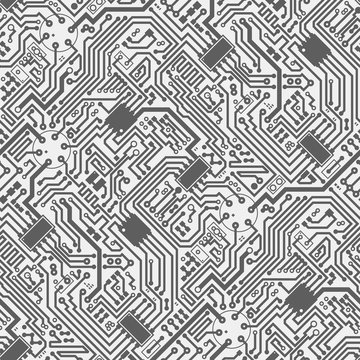 Circuit board electronic hi tech seamless diagonal pattern. Vector abstract computer chip grey monochrome background.