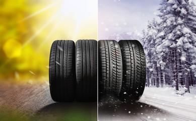 Swap winter tires for summer tires - time for summer tires - obrazy, fototapety, plakaty