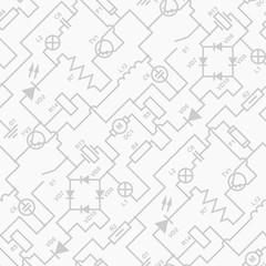 Circuit diagram seamless pattern. Electrical vector texture. Black and white elementary diagonal background