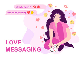 Young girl recieve love messages and smiles from boyfrend in smartphone messenger app. Vector illustration in pink colors