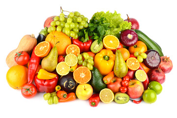 Big collection multi-colored juicy vegetables and fruits isolated on white background.
