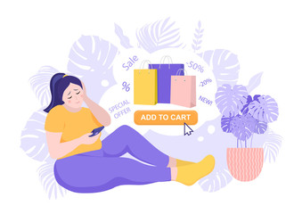 Happy overweight woman bought many expensive things through online internet shop. Sale and consumerism concept. XXL plus size shops