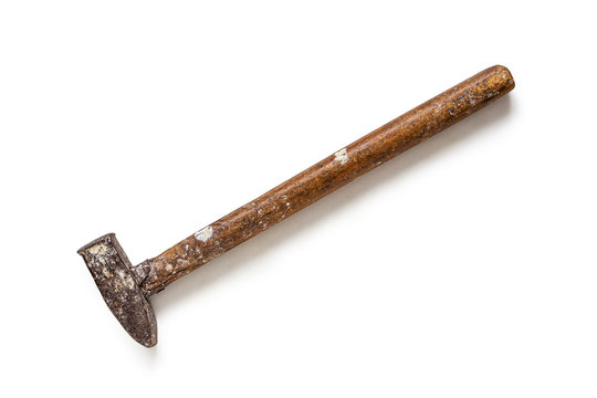 Old hammer with wooden handle on white background