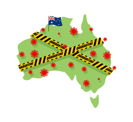 Australia is wrapped in yellow warning tape Quarantine. Australian map Coronavirus epidemic in world. Outbreak Covid-19 Pandemic. World disaster