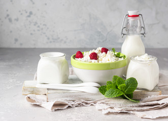 Organic farming cottage cheese with raspberry and mint, sour cream and milk.  Healthy food concept with organic dairy products.