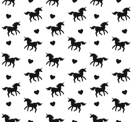 Vector seamless pattern of black sketch unicorn silhouette isolated on white background