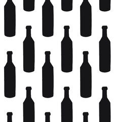 Vector seamless pattern of black doodle sketch wine bottle silhouette isolated on white background