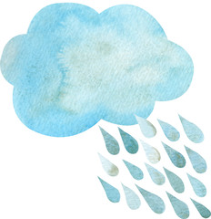 Watercolor rain cloud. Cartoon style illustration of blue rain-producing cloud isolated on the white background.