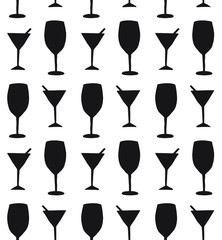 Vector seamless pattern of black sketch martini and wine glass silhouette isolated on white background
