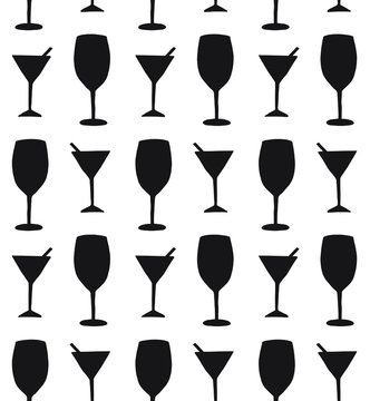 Vector seamless pattern of black sketch martini and wine glass silhouette isolated on white background