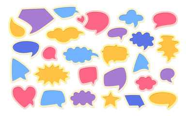 Speech bubble volume stickers cartoon set. Colorful fashion scrapbook design elements. Multicolored speech and thought blobs. Blank empty comic, balloon chat banner. Vector illustration