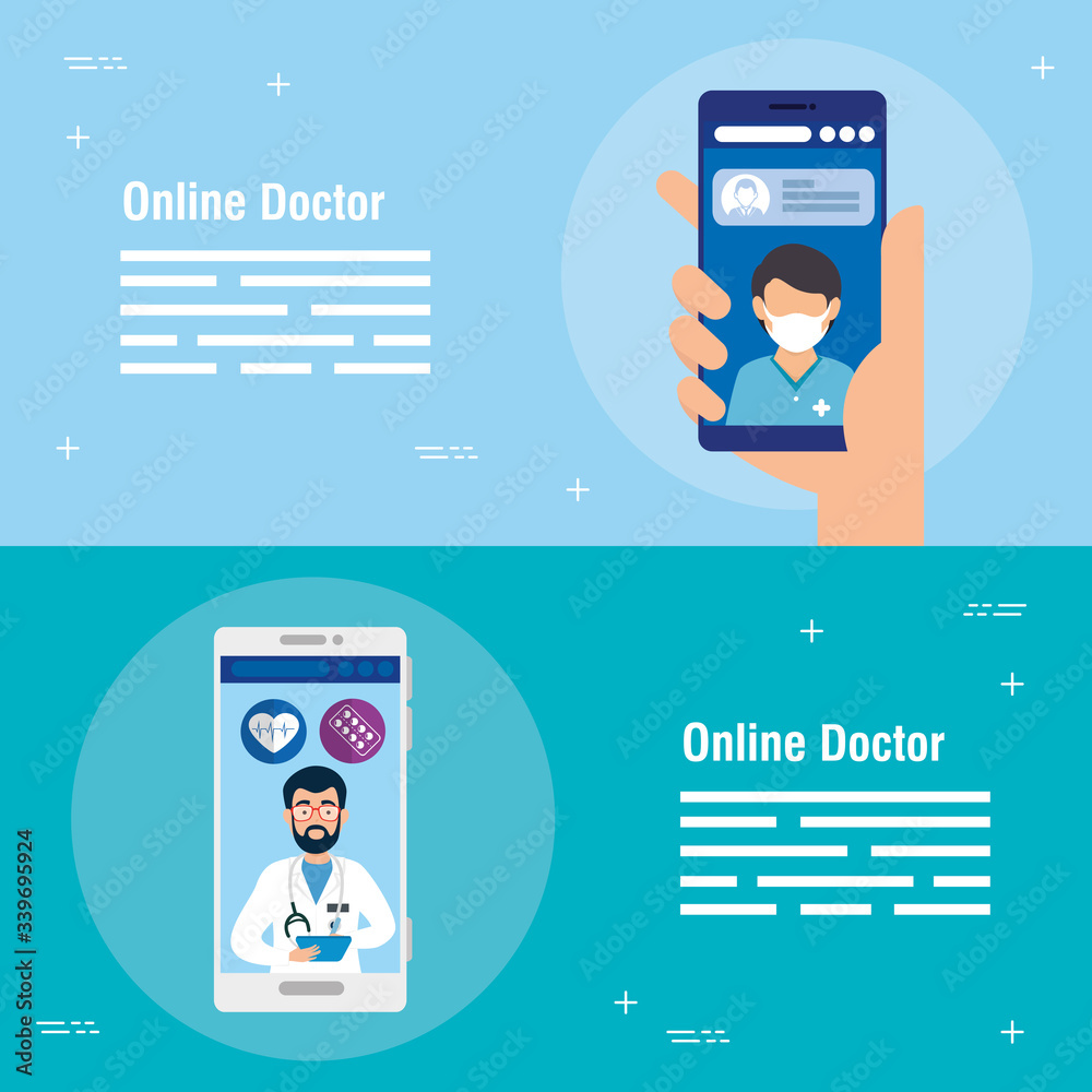 Sticker set poster of medicine online technology with icons vector illustration design