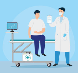 doctor with young man in consulting room vector illustration design