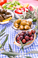 Traditional appetizers, green and red olives from Greek cuisine. Fresh branches of olives. Copy space. Blue checkered tablecloth