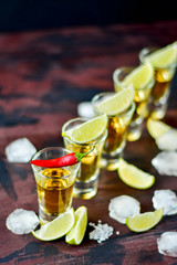 five glasses of alcohol and lime and red chili, a party at the bar, a menu for the bar. Selective focus and copy space, Tequila shots, vodka, whisky, rum