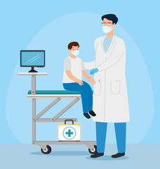 doctor male vaccinating to boy in consulting room vector illustration design