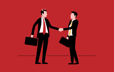 Make a deal with the devil - Businessman with horns shaking hands with client. Dangerous manager, bad deal and evil business concept. Vector illustration.