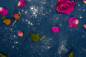pink roses on a blue background sprinkled with white powder