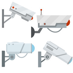 Video surveillance camera. Cartoon flat illustration. Fixation in the wall. White CCTV device with lens. Security footage set. safety and security