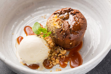 Molten Chocolate Cake with ice cream and nuts