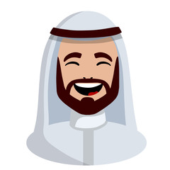 Smiling face of Arab man in white national dress. Avatar for social network. Middle Eastern guy with a beard and laughter. Cartoon flat illustration