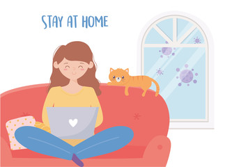 quarantine stay at home, woman using laptop on sofa with her cat