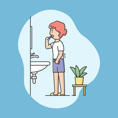 Concept Of Dentistry And Tooth Health Treatment. Happy Young Girl Cleaning Teeth With Toothbrush In Bathroom. Oral Hygiene Stomatology Medicine. Cartoon Linear Outline Flat Style. Vector Illustration