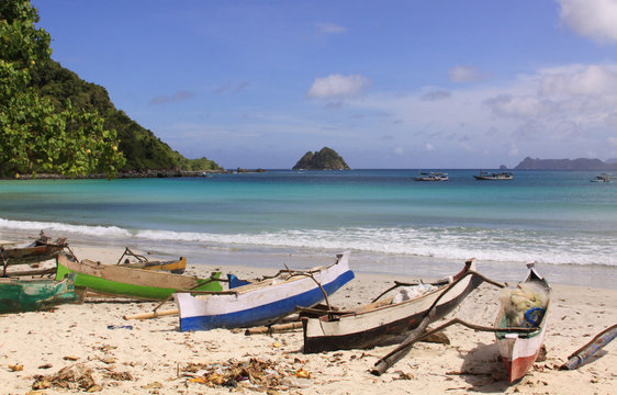 Small fishing boats at Mawun beach, Lombok