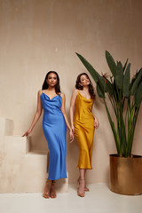 Two pretty beautiful woman brunette hair natural makeup wear fashion clothes sexy silk long dress...